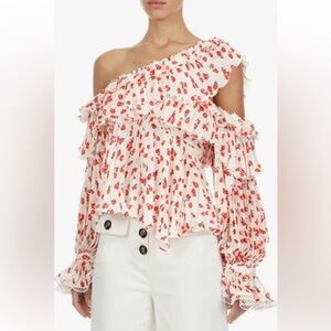 NWT Self Portrait One Shoulder Ditsy Top Size 0 Cream Red Floral Accordion Pleat